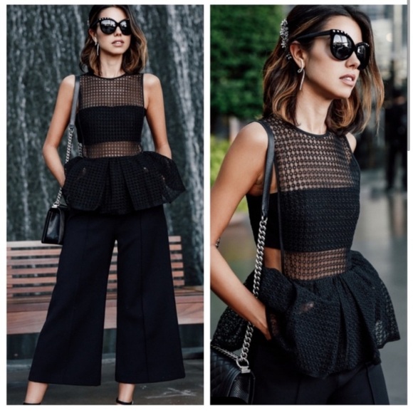 Self-Portrait Pants - Self-Portrait Black Eyelet Lace Peplum Jumpsuit New Size UK 6, US 2